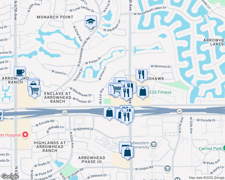map of restaurants, bars, coffee shops, grocery stores, and more near 6026 West Pontiac Drive in Glendale
