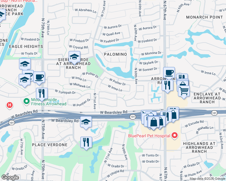 map of restaurants, bars, coffee shops, grocery stores, and more near 7017 West Tonopah Drive in Glendale