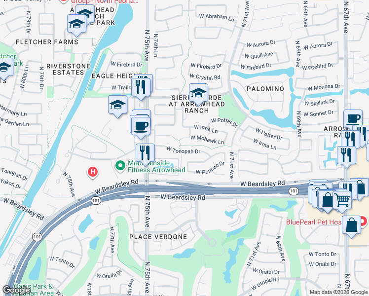 map of restaurants, bars, coffee shops, grocery stores, and more near 7405 West Tonopah Drive in Glendale