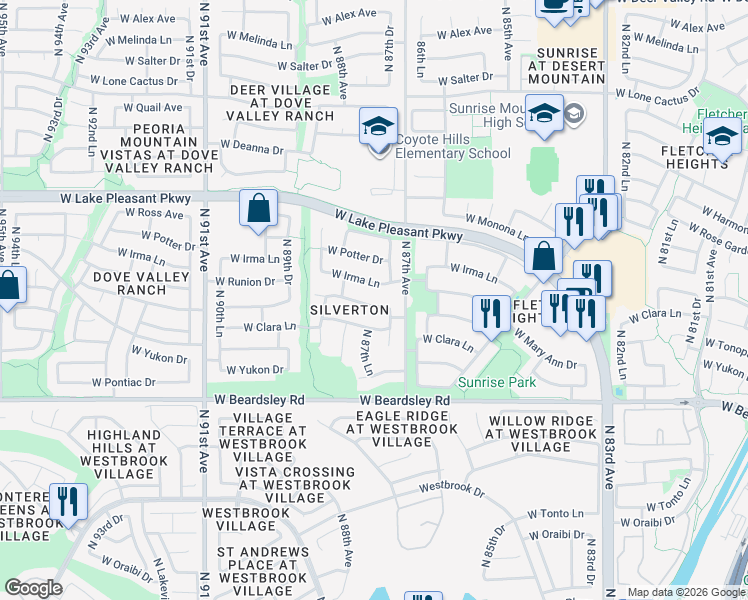 map of restaurants, bars, coffee shops, grocery stores, and more near 8745 West Runion Drive in Peoria