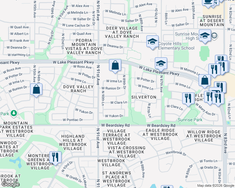 map of restaurants, bars, coffee shops, grocery stores, and more near 8995 West Mary Ann Drive in Peoria