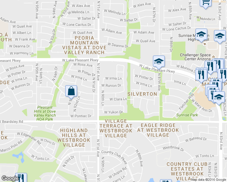 map of restaurants, bars, coffee shops, grocery stores, and more near 8995 West Mary Ann Drive in Peoria