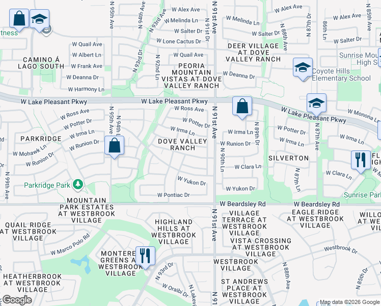 map of restaurants, bars, coffee shops, grocery stores, and more near 9237 West Mary Ann Drive in Peoria