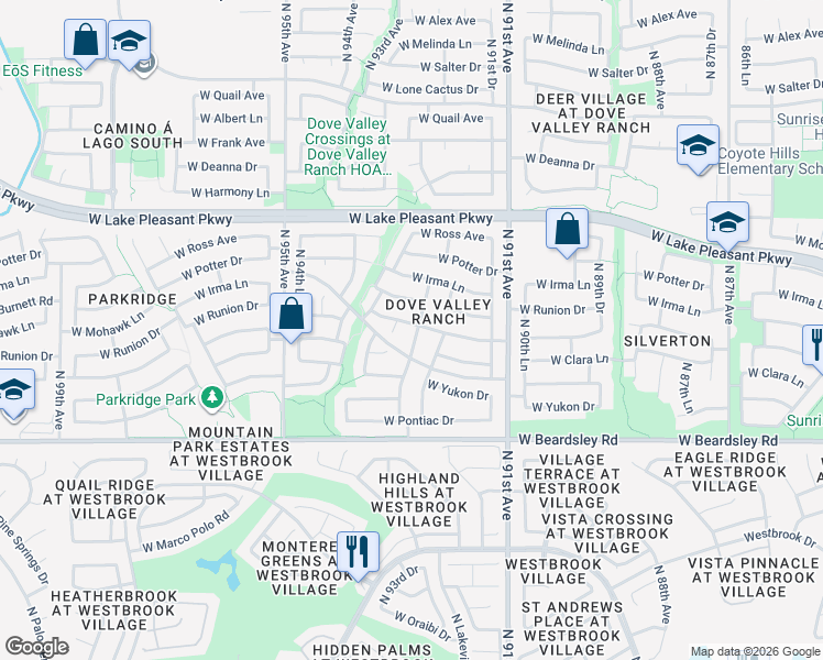 map of restaurants, bars, coffee shops, grocery stores, and more near 20449 North 93rd Avenue in Peoria