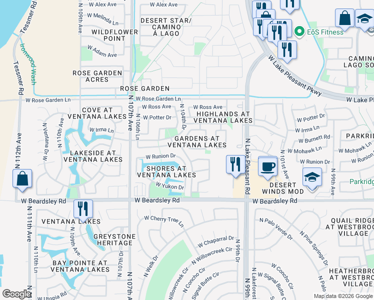 map of restaurants, bars, coffee shops, grocery stores, and more near 20479 North 105th Avenue in Peoria