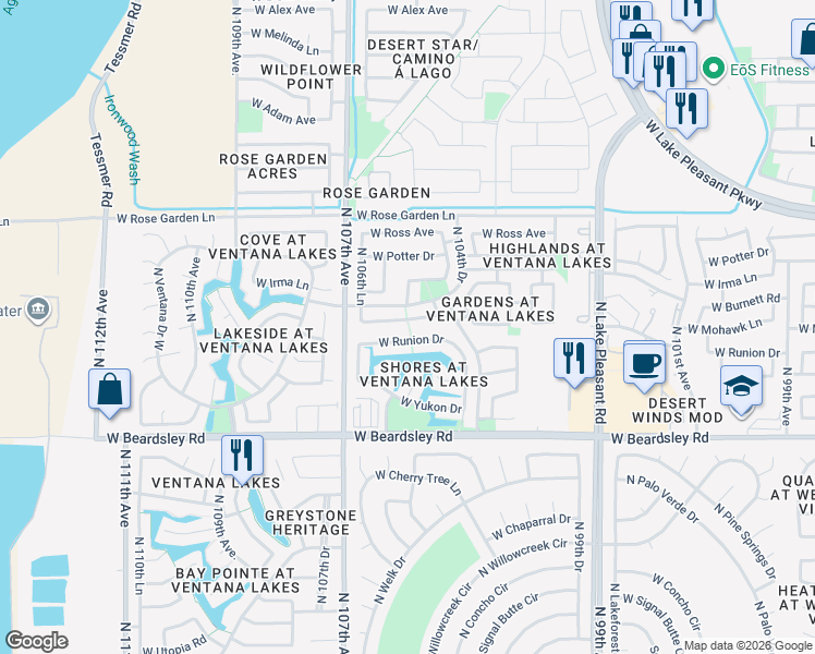 map of restaurants, bars, coffee shops, grocery stores, and more near 10532 West Runion Drive in Peoria