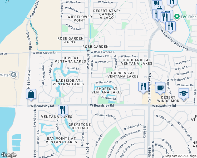 map of restaurants, bars, coffee shops, grocery stores, and more near 10628 West Runion Drive in Peoria