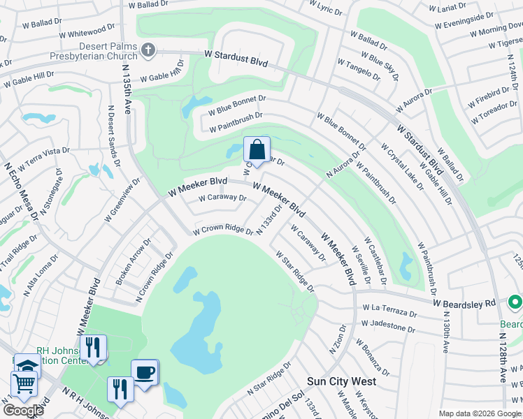 map of restaurants, bars, coffee shops, grocery stores, and more near 20429 North 133rd Drive in Sun City West