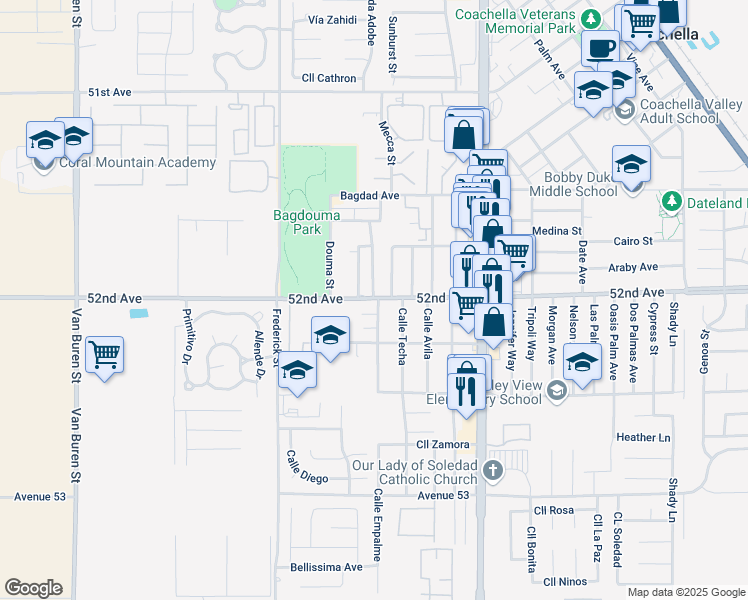 map of restaurants, bars, coffee shops, grocery stores, and more near 84720 Avenue 52 in Coachella