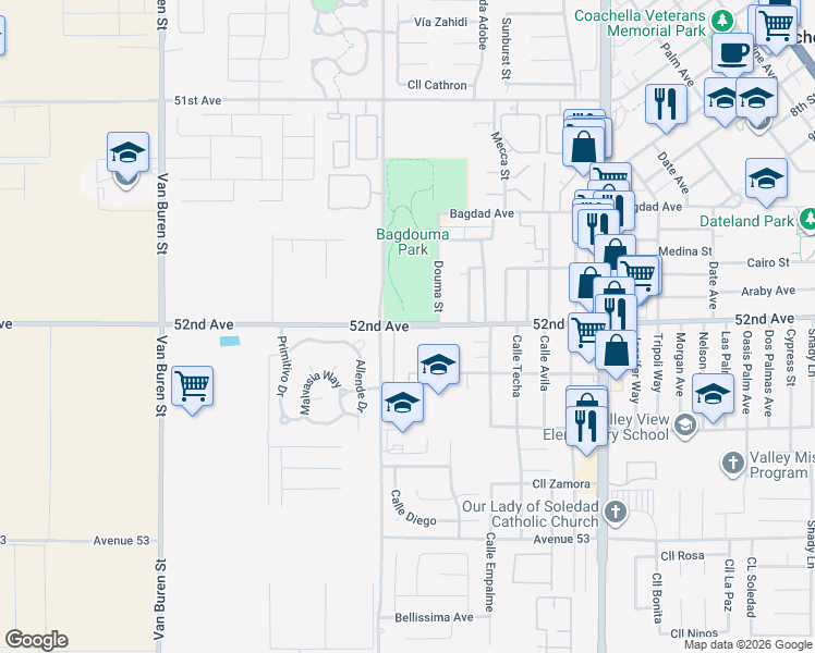 map of restaurants, bars, coffee shops, grocery stores, and more near 47 Frederick Street in Coachella
