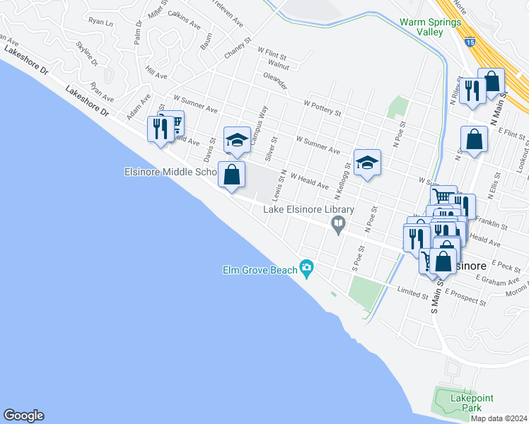 map of restaurants, bars, coffee shops, grocery stores, and more near 103 Lewis Street South in Lake Elsinore