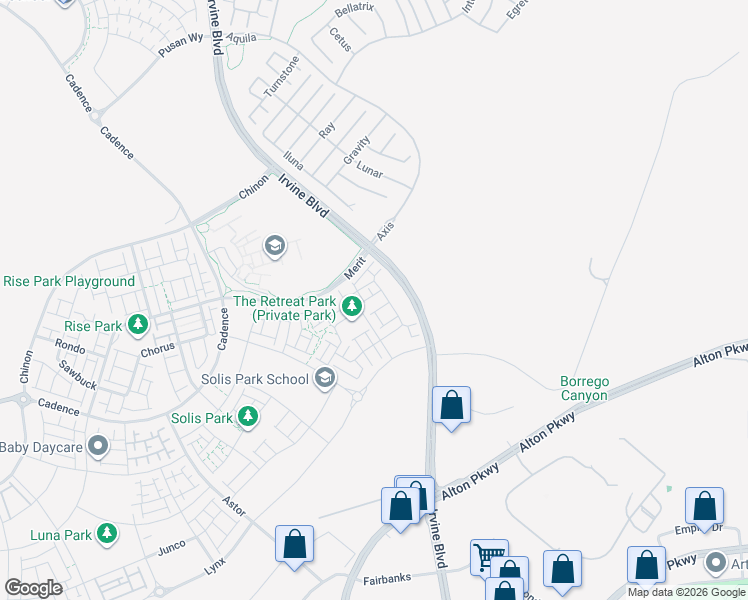 map of restaurants, bars, coffee shops, grocery stores, and more near C Street in Irvine