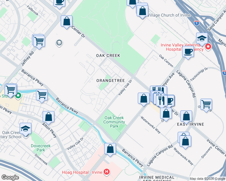 map of restaurants, bars, coffee shops, grocery stores, and more near 84 Orchard in Irvine