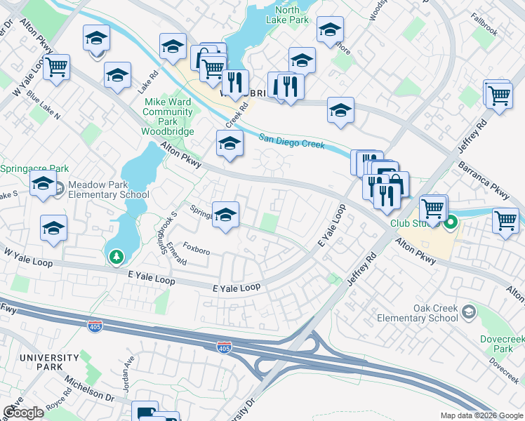 map of restaurants, bars, coffee shops, grocery stores, and more near in Irvine