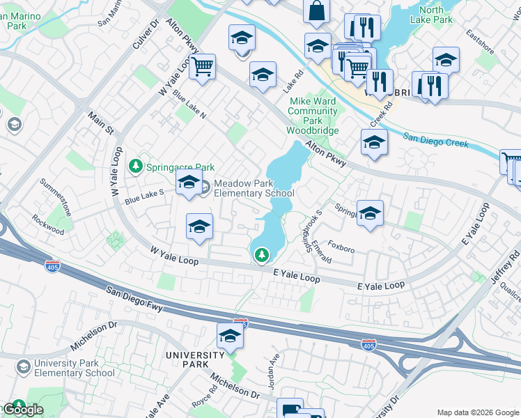 map of restaurants, bars, coffee shops, grocery stores, and more near 26 Southwind in Irvine