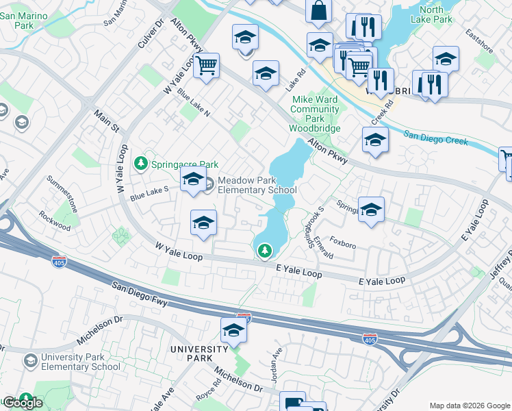 map of restaurants, bars, coffee shops, grocery stores, and more near 26 Southwind in Irvine