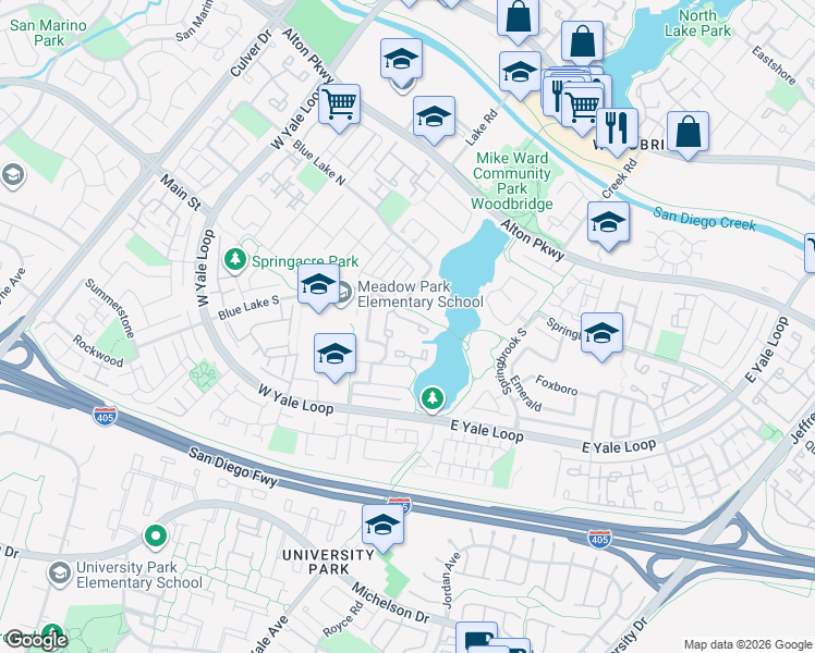 map of restaurants, bars, coffee shops, grocery stores, and more near 23 Longshore in Irvine