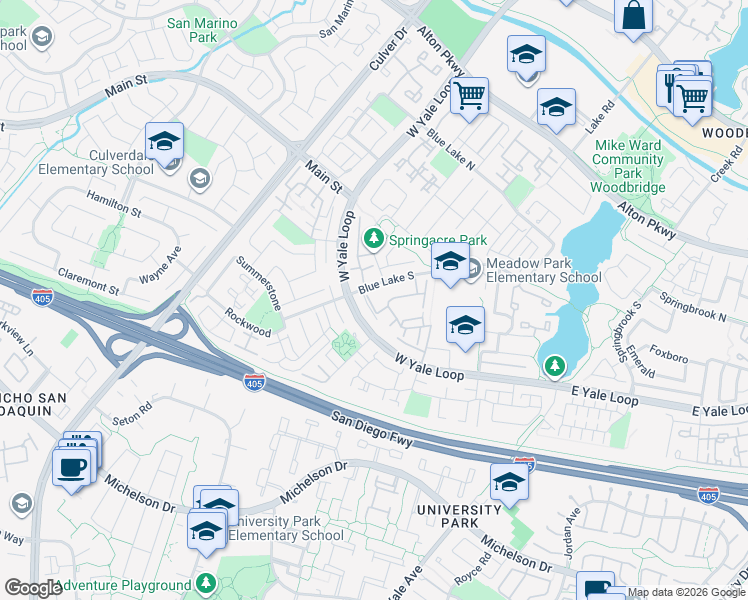 map of restaurants, bars, coffee shops, grocery stores, and more near 75 Thicket in Irvine