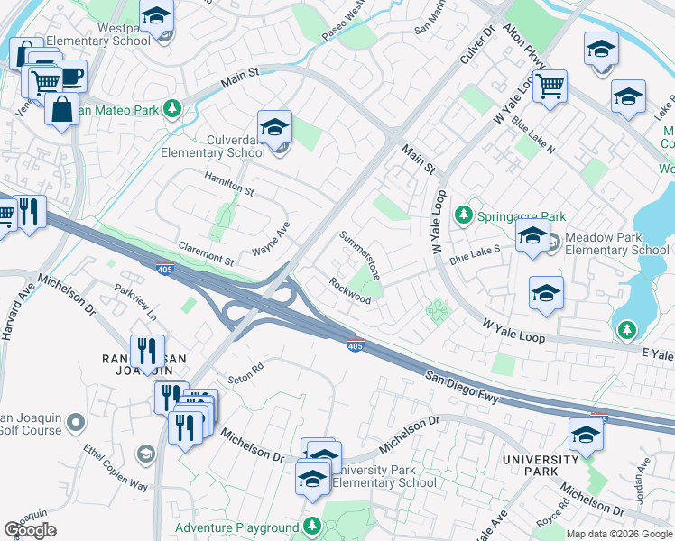 map of restaurants, bars, coffee shops, grocery stores, and more near 2 Rockwood in Irvine