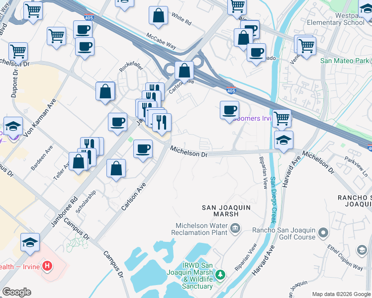 map of restaurants, bars, coffee shops, grocery stores, and more near 3311 Michelson Drive in Irvine