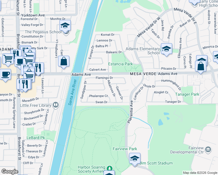 map of restaurants, bars, coffee shops, grocery stores, and more near 2743 Albatross Drive in Costa Mesa
