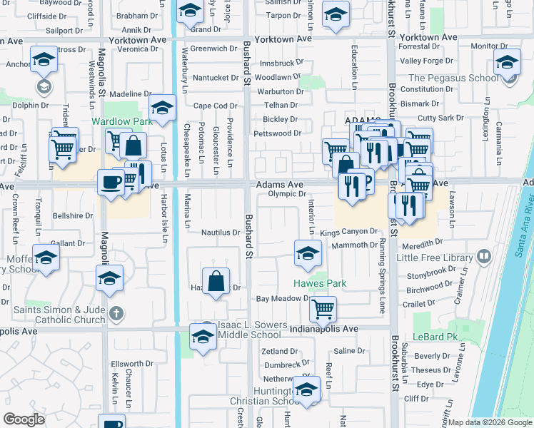 map of restaurants, bars, coffee shops, grocery stores, and more near 20121 Crater Circle in Huntington Beach