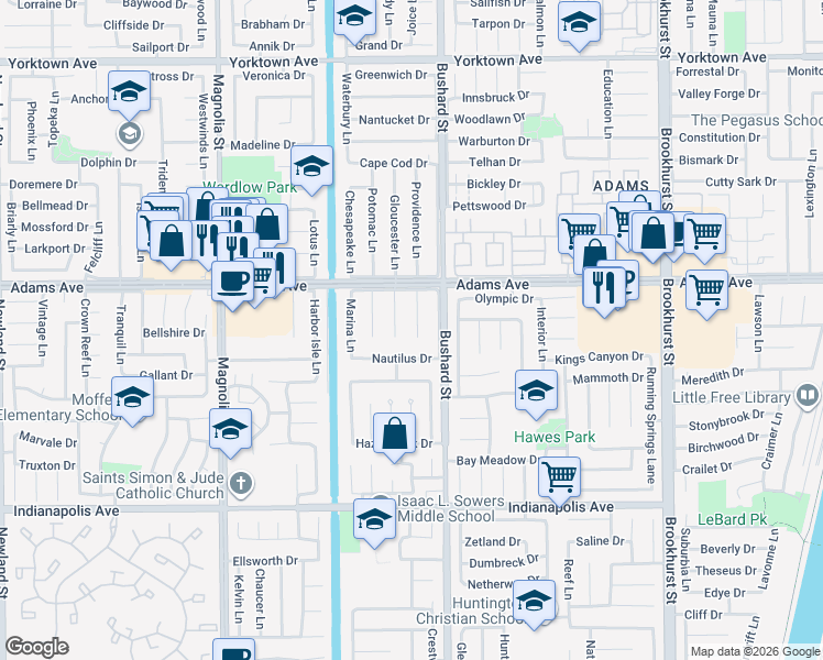 map of restaurants, bars, coffee shops, grocery stores, and more near 20121 Moontide Circle in Huntington Beach