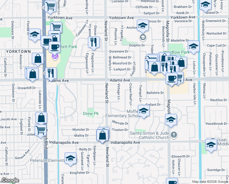 map of restaurants, bars, coffee shops, grocery stores, and more near 8521 Oxley Circle in Huntington Beach