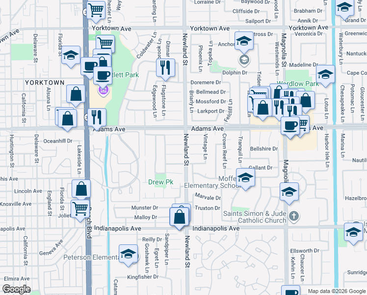 map of restaurants, bars, coffee shops, grocery stores, and more near 8521 Oxley Circle in Huntington Beach