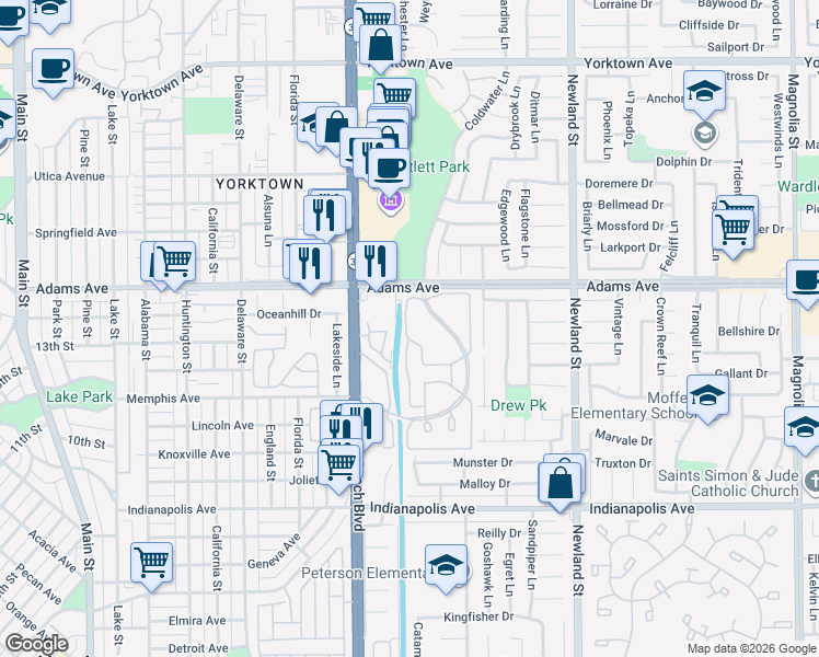 map of restaurants, bars, coffee shops, grocery stores, and more near 8132 Centerstone Drive in Huntington Beach