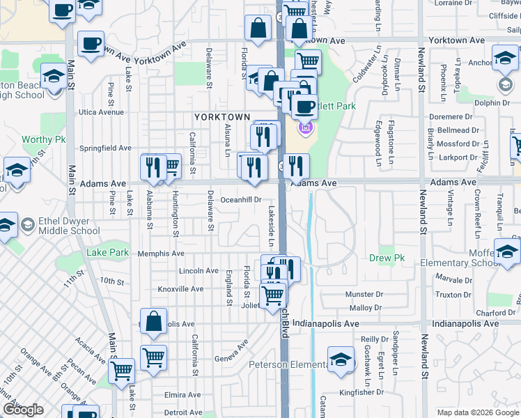 map of restaurants, bars, coffee shops, grocery stores, and more near 1504 Backbay Circle in Huntington Beach
