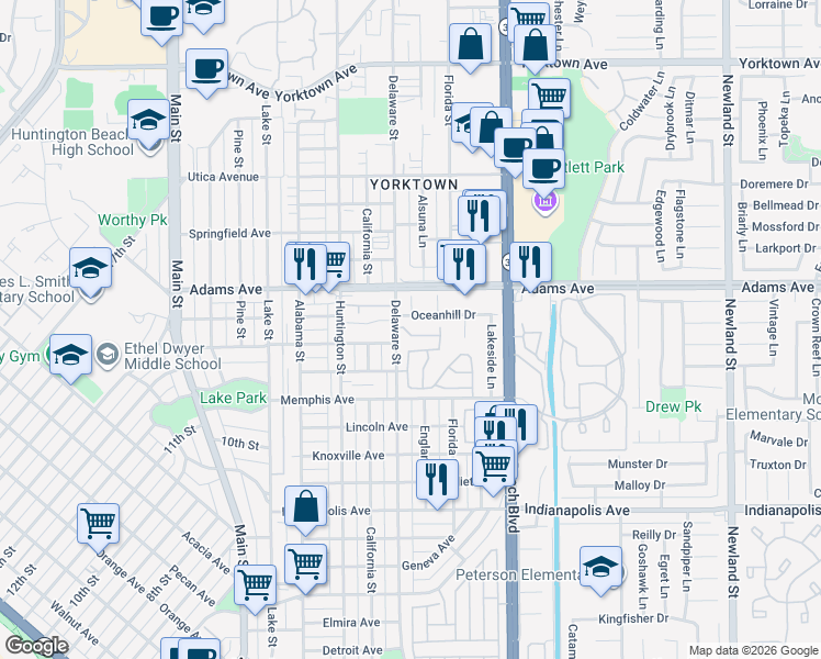 map of restaurants, bars, coffee shops, grocery stores, and more near 421 Oswego Avenue in Huntington Beach