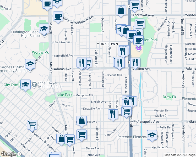 map of restaurants, bars, coffee shops, grocery stores, and more near 331 Oswego Avenue in Huntington Beach