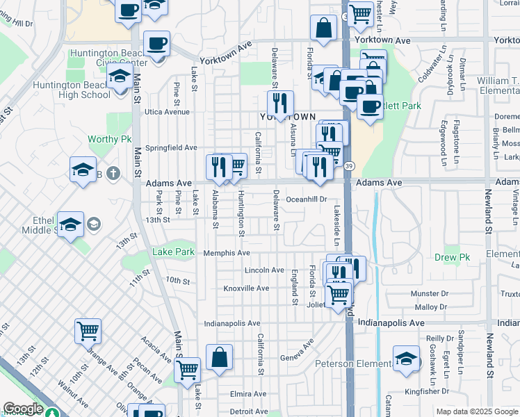 map of restaurants, bars, coffee shops, grocery stores, and more near 331 Oswego Avenue in Huntington Beach