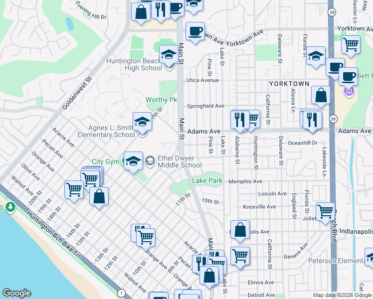 map of restaurants, bars, coffee shops, grocery stores, and more near 1105 Park Street in Huntington Beach