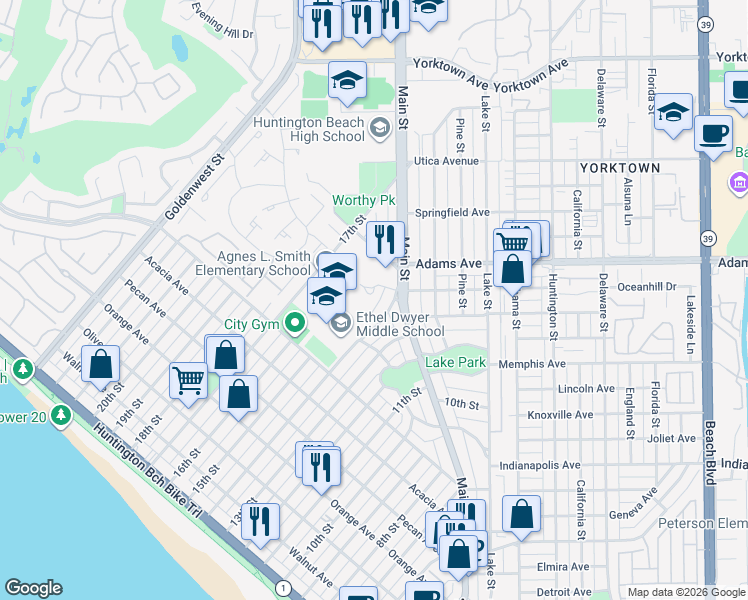 map of restaurants, bars, coffee shops, grocery stores, and more near 838 San Nicolas Circle in Huntington Beach