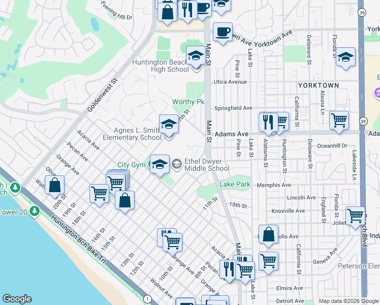 map of restaurants, bars, coffee shops, grocery stores, and more near 838 San Nicolas Circle in Huntington Beach