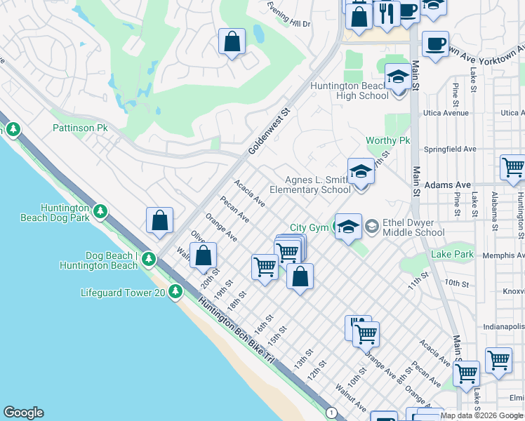 map of restaurants, bars, coffee shops, grocery stores, and more near 515 20th Street in Huntington Beach