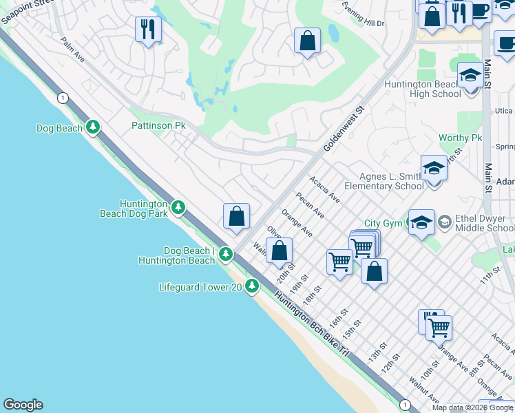 map of restaurants, bars, coffee shops, grocery stores, and more near 20202 Scallop Lane in Huntington Beach