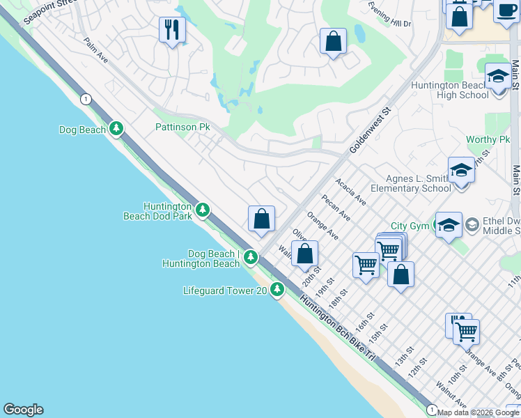 map of restaurants, bars, coffee shops, grocery stores, and more near 6622 Beach View Drive in Huntington Beach