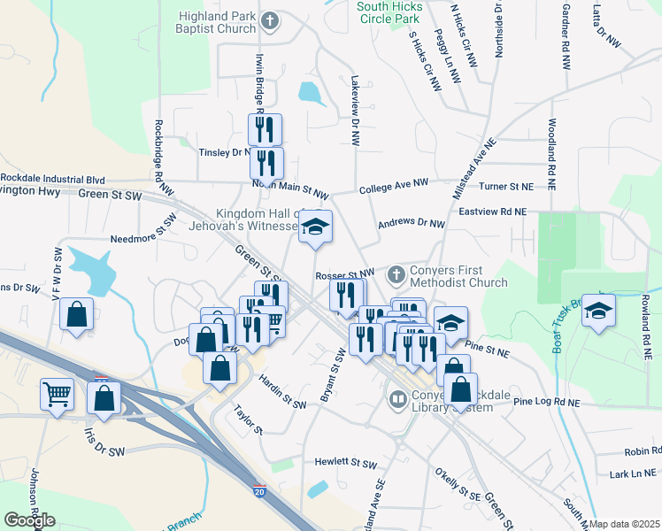 map of restaurants, bars, coffee shops, grocery stores, and more near 1019 Almand Street Northwest in Conyers