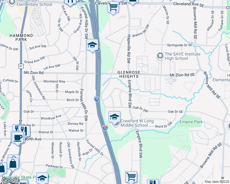 map of restaurants, bars, coffee shops, grocery stores, and more near 221 Glenrose Circle Southwest in Atlanta