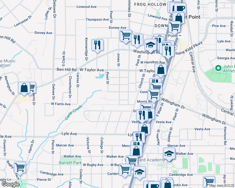 map of restaurants, bars, coffee shops, grocery stores, and more near 3105 Jones Street in East Point