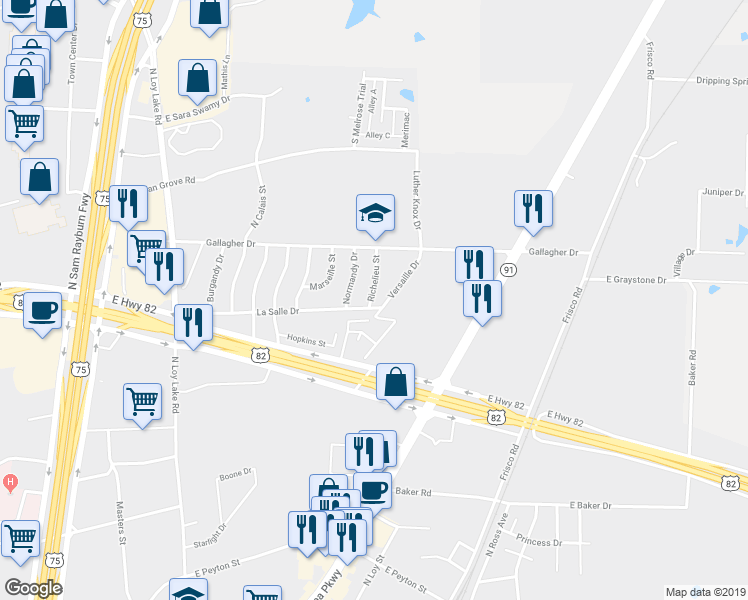 map of restaurants, bars, coffee shops, grocery stores, and more near 1600 La Salle Drive in Sherman