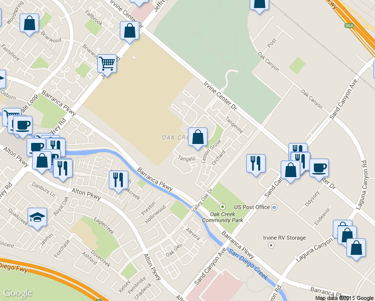 map of restaurants, bars, coffee shops, grocery stores, and more near 184 Tangelo in Irvine