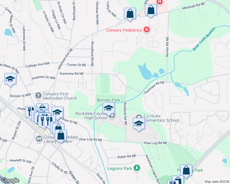map of restaurants, bars, coffee shops, grocery stores, and more near 1149 Crestview Circle Northeast in Conyers