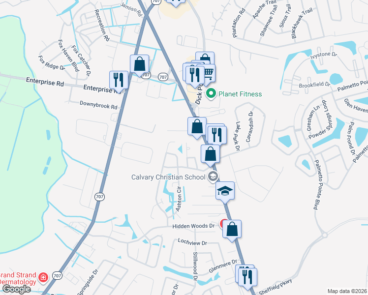 map of restaurants, bars, coffee shops, grocery stores, and more near 211 Berkshire Drive in Myrtle Beach
