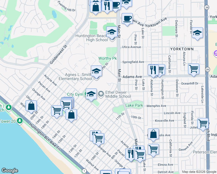 map of restaurants, bars, coffee shops, grocery stores, and more near 838 San Nicolas Circle in Huntington Beach