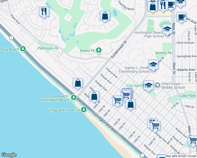 map of restaurants, bars, coffee shops, grocery stores, and more near 411 22nd Street in Huntington Beach