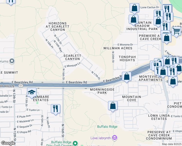map of restaurants, bars, coffee shops, grocery stores, and more near 20256 North 17th Place in Phoenix